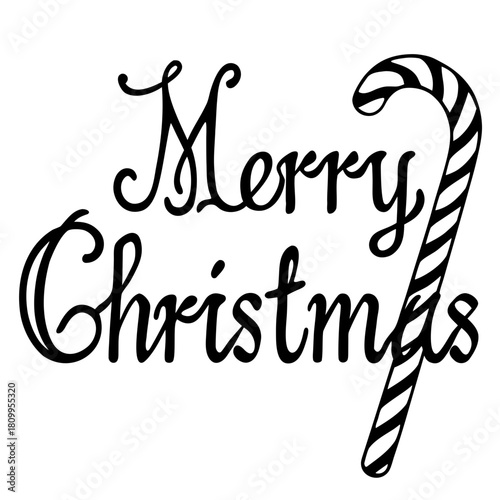 Black and white typographic design featuring the phrase merry christmas written in a flowing script font, with a prominent candy cane graphic integrated into the text isolated on