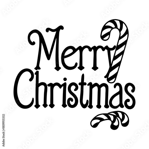 Black and white typographic design featuring the phrase merry christmas written in a decorative script font, accompanied by a stylized candy cane illustration isolated on
