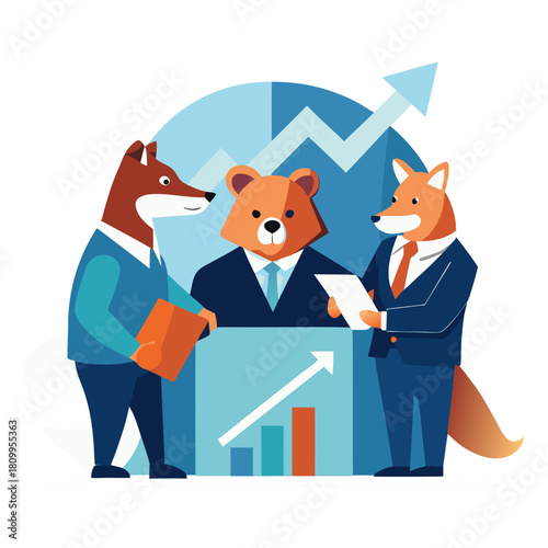 Business concept illustration featuring anthropomorphic fox and bear figures in suits analyzing financial charts and upward trending graphs, symbolizing teamwork and market growth