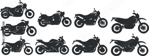 Silhouette vector icon set showcasing various motorcycle designs for transportation and adventure themes