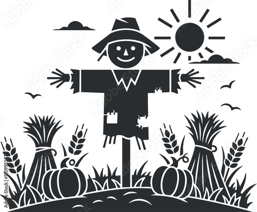 Playful black and white vector illustration of a scarecrow amidst pumpkins and wheat, ideal for autumn-themed designs and rural concepts