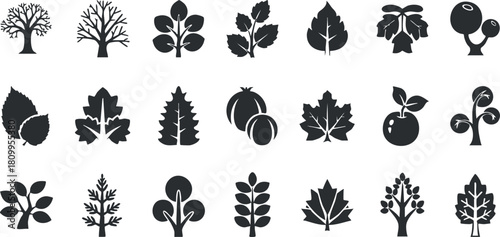 Silhouette vector icon set featuring various trees, leaves, and plants for nature-themed design projects
