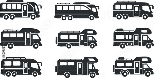 Collection of minimalist black and white vector illustrations of various bus designs for transportation and travel concepts