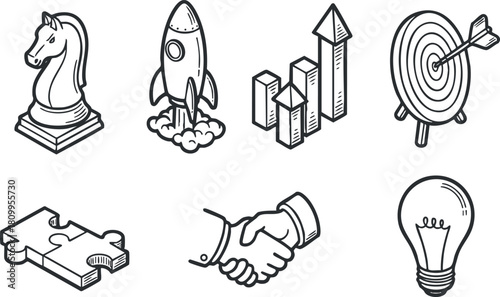 Flat design vector illustration featuring business and strategy icons including a chess piece, rocket, handshake, and light bulb for branding and marketing projects