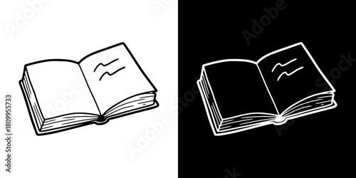 open journal with entries, isolated vector image, two versions on transparent and black backgrounds, pencil drawing, chalk drawing

