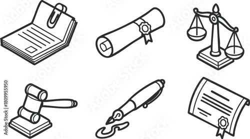 Outline vector illustration of legal symbols including scales, documents, gavel, and stationery for law and justice themes