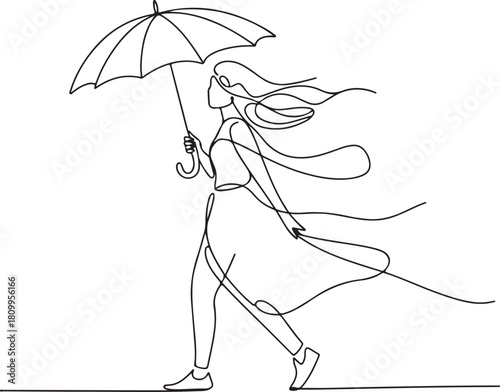 Continuous Line Art Illustration of Woman Walking in Windy Weather Holding Umbrella Minimal Dynamic Scene
