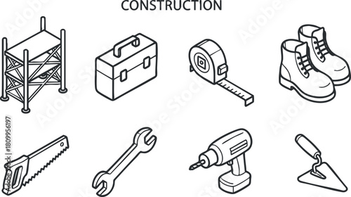 Outline vector icon set depicting various construction tools and equipment for industry and design applications