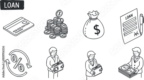 Set of minimalist vector icons representing loan concepts, including money, banking, and financial transactions for design projects.