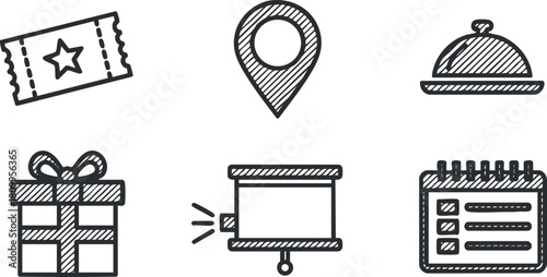 Outline vector icon set featuring gift, ticket, location marker, food dome, and calendar for event planning and organization