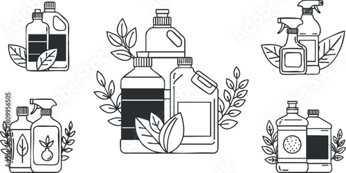 Minimalist line art vector illustration of eco-friendly cleaning bottles and containers with floral elements for design projects.