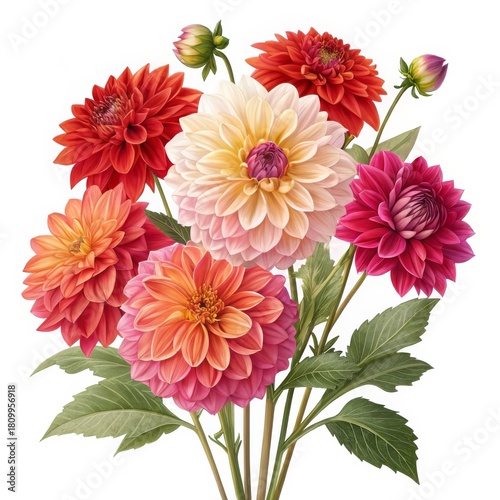 Vibrant Dahlia Bouquet Composition Realistic rendering of multi-colored dahlias, including pink, orange and red, with green leaves and buds against a white background. Dahlia, Floral,
