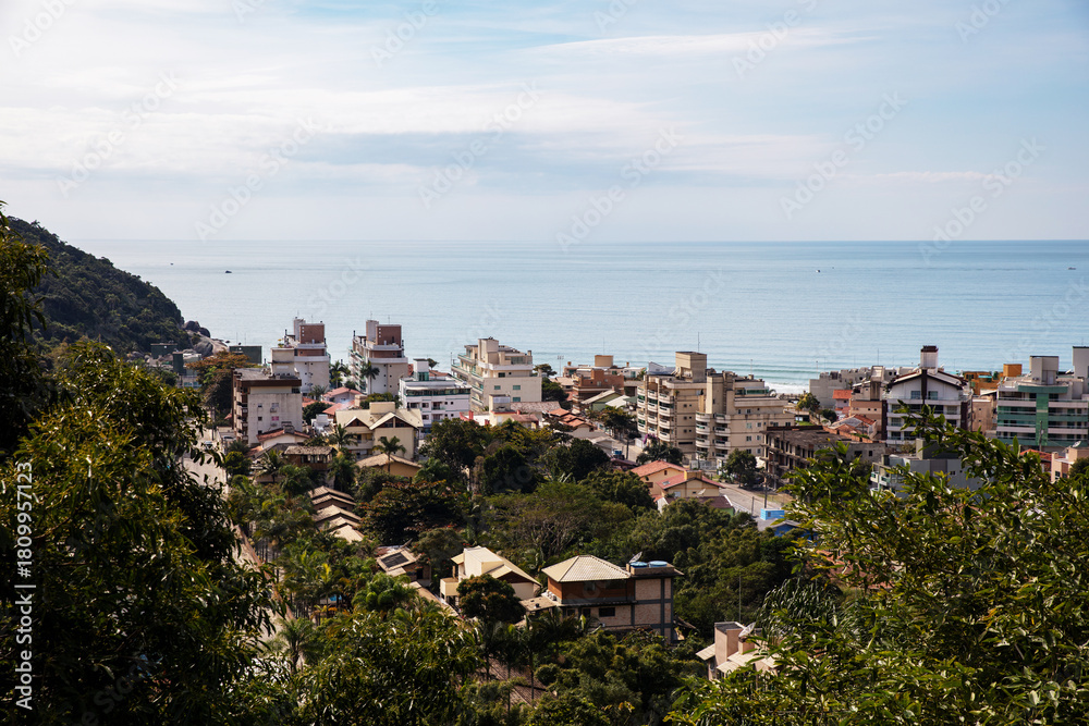 Obraz premium Aerial view of the bay of the tourist city of Bombinhas, Santa Catarina, Brazil.