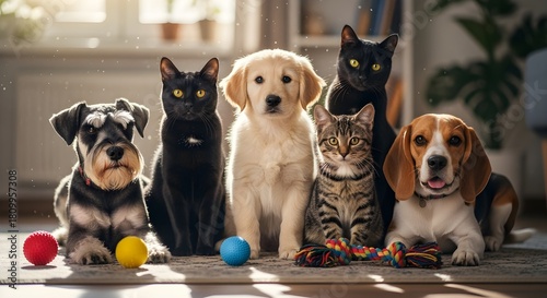 A diverse group of puppies and kittens sits together indoors, a cute concept perfect for pet adoption, veterinary clinics, and animal friendship