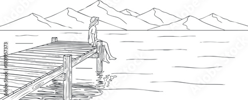 Minimalist line art illustration of a person sitting on a wooden pier by a tranquil lake with mountains in the background