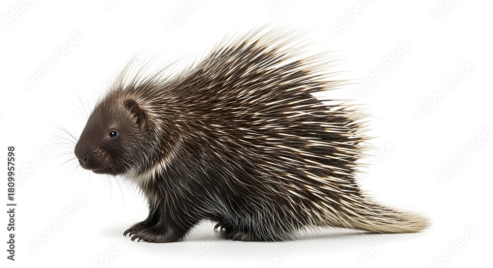 Fototapeta premium A spiky porcupine stands in profile against a white background, a concept representing self-defense, exotic wildlife, and unique animal anatomy