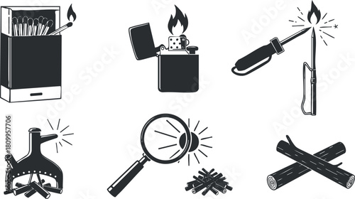 Set of minimalist black and white vector illustrations depicting various fire-starting tools including matches, lighters, and a magnifying glass.