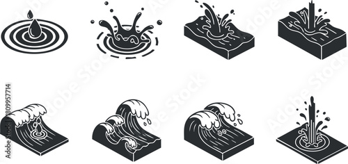 Vector illustration set of various water splash and droplet designs in black and white style for creative projects