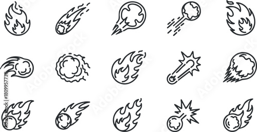 Outline vector icon set featuring various fire and meteor symbols for dynamic design projects and illustrations