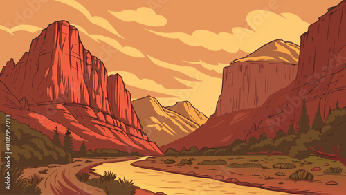 Zion canyon retro sunset