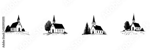 Church Building Doodle Sketch Set. Rural Worship And Community Gathering Places In Hand Drawn Style Collection. Traditional Architecture And Spiritual Symbolism. Isolated Vector Illustration