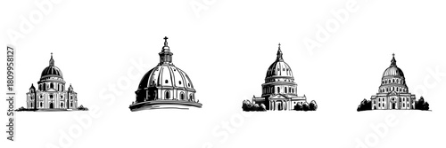 Dome Architecture Doodle Sketch Set. Classic Cathedral And Basilica Designs In Hand Drawn Style Collection. Religious And Historical Building Illustrations. Isolated Vector Illustration