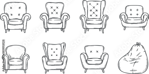 Hand-drawn vector illustration of a collection of various armchairs and a bean bag for interior design projects