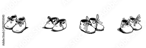 Baby Shoes Doodle Sketch Set. Infant Footwear And Newborn Fashion In Hand Drawn Style Collection. Adorable Baby Booties With Bows. Hand Drawn Isolated Vector Illustration