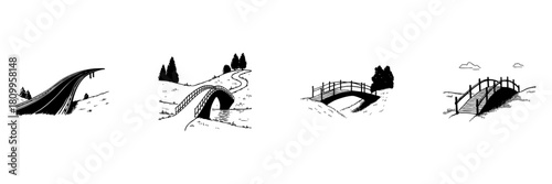 Road And Bridges Doodle Sketch Set. Infrastructure And Connectivity In Hand Drawn Style Collection. Scenic Pathways And Architectural Design. Isolated Vector Illustration