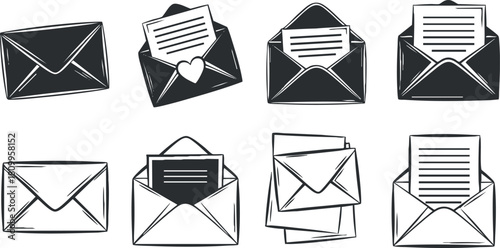 Hand-drawn vector illustration set of various envelopes showcasing different styles for communication and design projects
