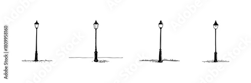 Street Lamp Post Doodle Sketch Set. Urban Lighting And Outdoor Illumination In Hand Drawn Style Collection. Vintage And Modern Streetlight Designs. Isolated Vector Illustration
