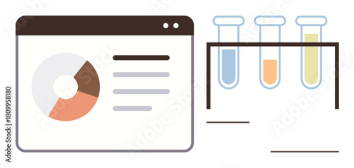 Circular chart on a web browser interface beside test tubes in a holder. Ideal for science, data analysis, research, experimentation, laboratory work, innovation, education. Simple flat metaphor