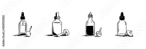 Dropper Bottles Doodle Sketch Set. Essential Oils, Aromatherapy, And Skincare Solutions In Hand Drawn Style Collection. Natural Remedies And Wellness. Hand Drawn Isolated Vector Illustration