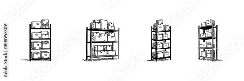 Warehouse Shelving Units Doodle Sketch Set. Storage Organization And Inventory Management In Hand Drawn Style Collection. Industrial And Commercial Use. Hand Drawn Isolated Vector Illustration