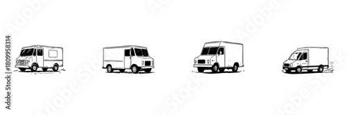 Delivery Trucks Doodle Sketch Set. Transportation And Logistics Vehicles In Hand Drawn Style Collection. Cargo And Freight Services Illustration. Isolated Vector Illustration