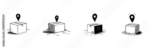 Package With Location Pin Doodle Sketch Set. Parcel Tracking And Delivery Navigation In Hand Drawn Style Collection. Shipping And Logistics Concept. Hand Drawn Isolated Vector Illustration