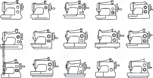 Outline vector icon set featuring various sewing machines, ideal for crafting, fashion design, and textile projects