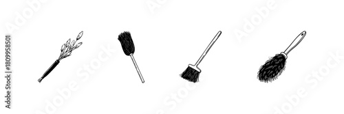 Cleaning Tools Doodle Sketch Set. Household Cleaning Equipment Including Broom, Duster, And Brush In Hand Drawn Style Collection. Home Maintenance Essentials. Isolated Vector Illustration