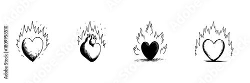 Flaming Heart Doodle Sketch Set. Passion, Love, And Intensity Symbolism In Hand Drawn Style Collection. Romantic And Emotional Expression. Hand Drawn Isolated Vector Illustration