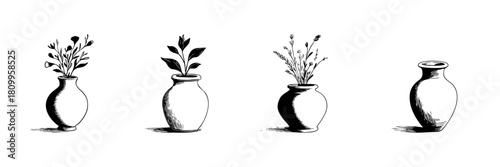 Vase And Plant Doodle Sketch Set. Decorative Floral Arrangements And Minimalist Home Decor In Hand Drawn Style Collection. Elegant Botanical Illustrations. Isolated Vector Illustration