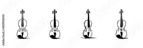 Violin Doodle Sketch Set. Classical Music Instrument Illustration In Hand Drawn Style Collection. Artistic Representation Of String Instruments. Isolated Vector Illustration