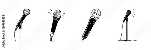 Microphone Doodle Sketch Set. Music Performance, Public Speaking, And Audio Recording In Hand Drawn Style Collection. Artistic Expression And Communication Tools. Isolated Vector Illustration