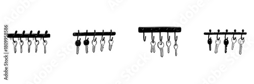 Key Holder Rack Doodle Sketch Set. Home Organization And Key Management In Hand Drawn Style Collection. Wall-Mounted Hooks For Keys. Hand Drawn Isolated Vector Illustration