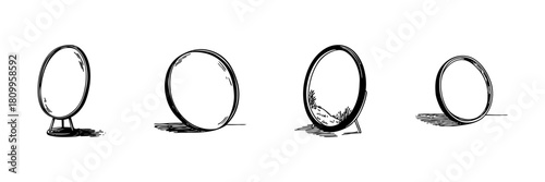 Round Mirrors Doodle Sketch Set. Reflection, Vanity, And Interior Design Elements In Hand Drawn Style Collection. Decorative And Functional Home Accessories. Isolated Vector Illustration