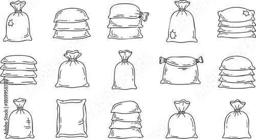 Outline vector illustration of a collection of various sack and bag designs for packaging and storage purposes