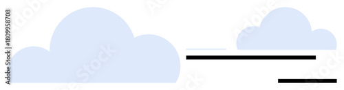 Blue clouds and horizontal black lines convey simplicity, flow, and movement. Ideal for weather, progress, connection, data transfer, navigation flight creativity. A simple flat metaphor