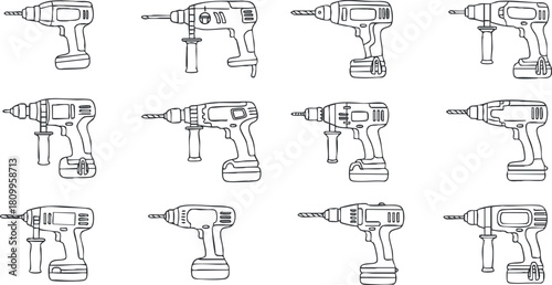 Outline vector illustration of various drill designs in a clean, modern style, suitable for construction and DIY projects
