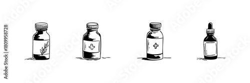 Bottles And Droppers Doodle Sketch Set. Herbal Remedies And Medical Solutions In Hand Drawn Style Collection. Natural And Pharmaceutical Products. Isolated Vector Illustration
