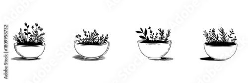 Potted Herb Plants Doodle Sketch Set. Indoor Gardening And Culinary Herb Collection In Hand Drawn Style. Decorative And Aromatic Plant Illustration. Isolated Vector Illustration