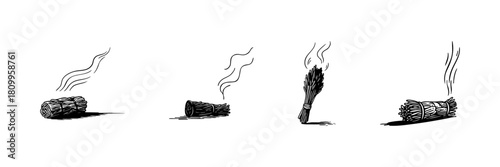Sage Smudge Sticks Doodle Sketch Set. Aromatherapy, Cleansing, And Spiritual Rituals In Hand Drawn Style Collection. Herbal Incense For Purification. Hand Drawn Isolated Vector Illustration